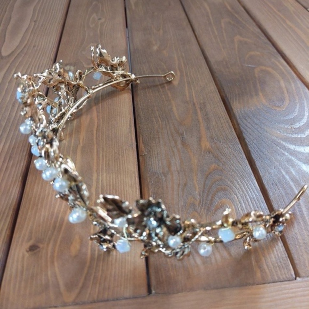 Baroque Style Gold Pearl Leaf Bridal Tiara Crown - NEW